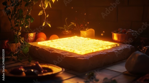 A glowing 3D podium made of stone, surrounded by symbolic Passover items like the afikomen, Seder plate, and Haggadah, creating a warm and festive atmosphere photo