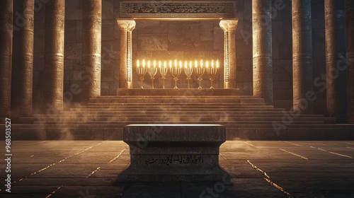 A minimalist 3D podium carved from stone, set in front of an ancient Jewish temple with symbols like menorahs and the Torah softly glowing in the background photo