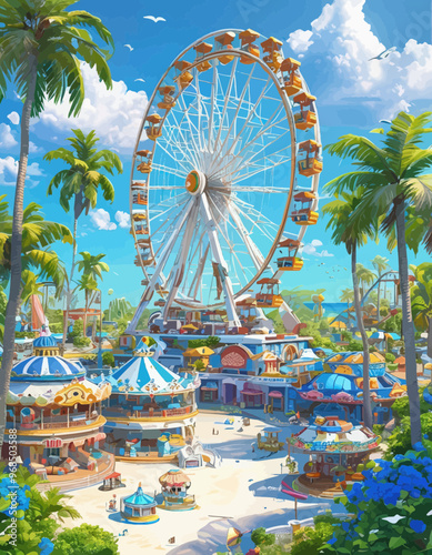 Vibrant Amusement Park Scene with Large Ferris Wheel and Colorful Carnival Tents