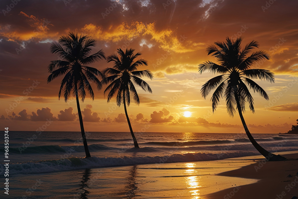 Sunset Over Tropical Beach with Palm Trees Vibrant Sky, Ocean Reflection, and Serene Ambiance Sunset Over Tropical Beach with Palm Trees Vibrant Sky, Ocean Reflection, and Serene Ambiance