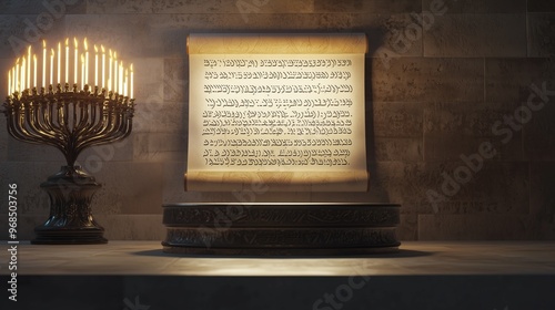 A minimalist 3D podium with Hebrew scripture softly glowing on the surface, placed in front of an ancient scroll and menorah in a serene holiday setting photo