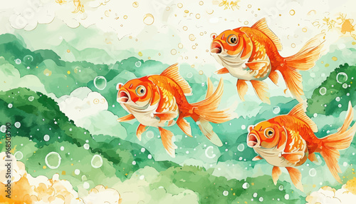 Vibrant and lively scene of three koi fish swimming in a bubbly underwater environment