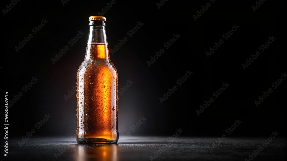 A medium shot stock photo featuring a detailed mockup of a cold bottle of beer on a black background with isolated copy space, pub, cold, brewery, template, advertisement, copy area A medium shot stock photo featuring a detailed mockup of a cold bottle of beer on a black background with isolated copy space, pub, cold, brewery, template, advertisement, copy area