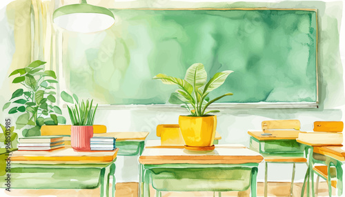 Vibrant Classroom with Green Chairs and Yellow Potted Plants