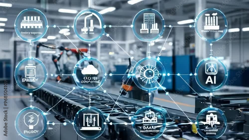 A modern industrial setting showcasing automation technology with interconnected icons representing AI, energy efficiency, and cloud computing in a factory environment created with generative ai A modern industrial setting showcasing automation technology with interconnected icons representing AI, energy efficiency, and cloud computing in a factory environment created with generative ai