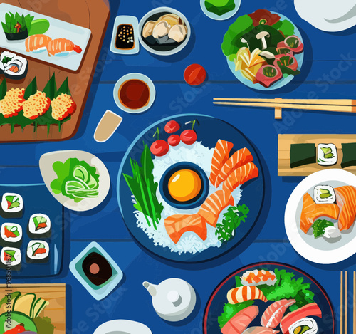 Vibrant Japanese Sushi and Sashimi Platter with Variety of Fresh Seafood and Vegetables