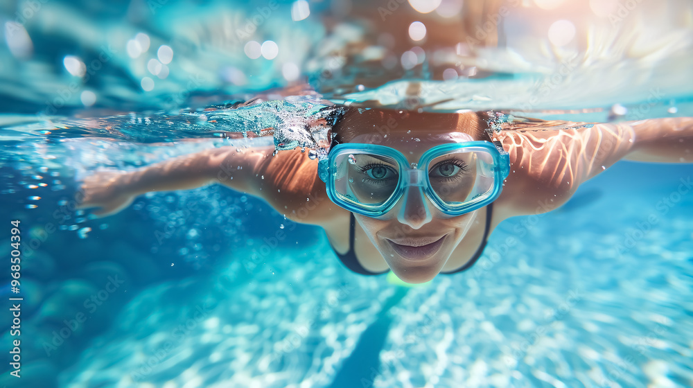 Naklejka premium Woman swimming underwater in pool