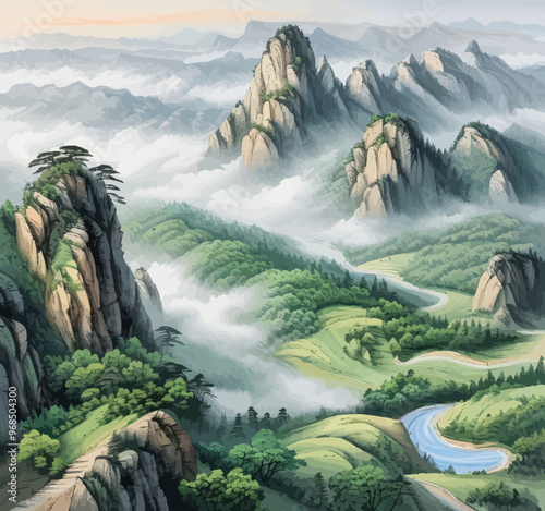Vibrant Mountainous Landscape with Winding Path and River