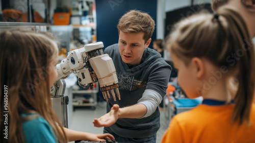 University Robotics Lecture: Teacher Explaining Engineering to Students by Using Robot Arm. Diverse Group of Young Engineers Programming Robotic Hand. Computer Science Higher Education Concept.