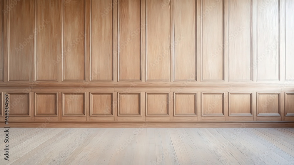 A serene wooden wall interior showcasing elegant paneling and smooth flooring ideal for artistic backdrops or design projects. A serene wooden wall interior showcasing elegant paneling and smooth flooring ideal for artistic backdrops or design projects.