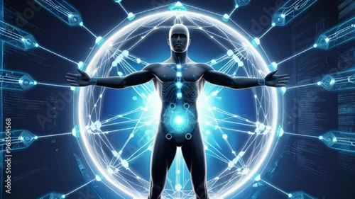A digital silhouette of a male figure, representing the integration of technology and human anatomy with glowing blue elements, set against a futuristic background created with generative ai