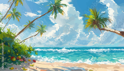 Vibrant Tropical Beach Scene with Palm Trees and Ocean Waves