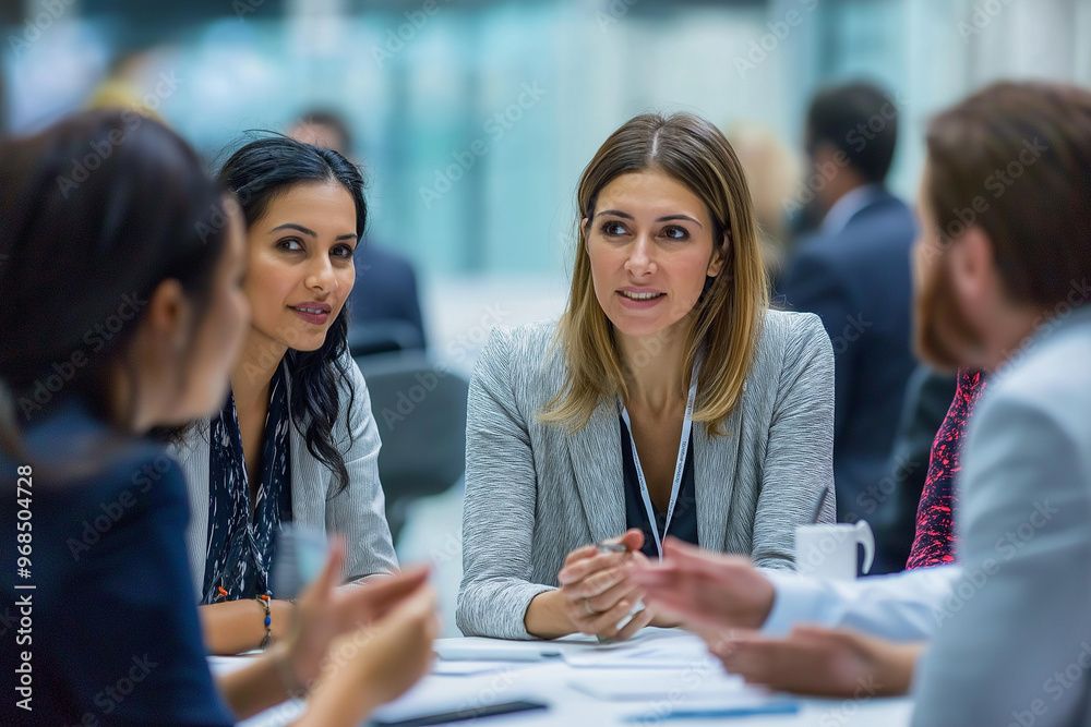 Businesspeople laughing while working together in an office meeting area Businesspeople laughing while working together in an office meeting area
