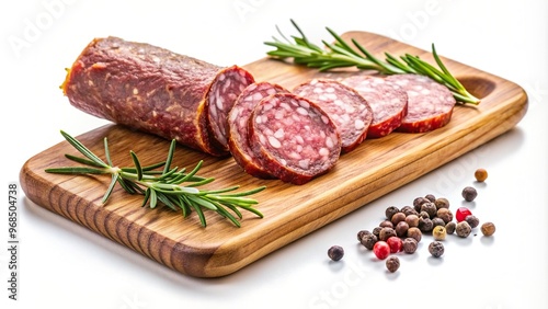 Sliced salami on a wooden cutting board garnished with fresh rosemary and peppercorns isolated on a white background, charcuterie,sliced salami, gourmet, delicious, cured meat