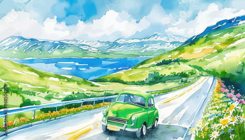Vintage Car Driving Along Scenic Highway