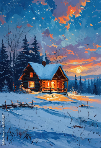 Warm Glow of a Winter Night: A Cozy Cabin in the Snowy Mountains