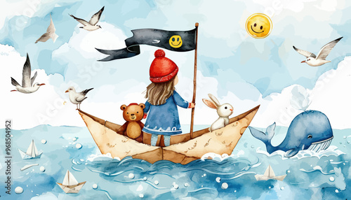 Whimsical Children's Book Illustration: A Little Girl Sails with Her Teddy Bear and Bunny Companions, Smiling Sun and Birds, Ocean Waves, and a Whale