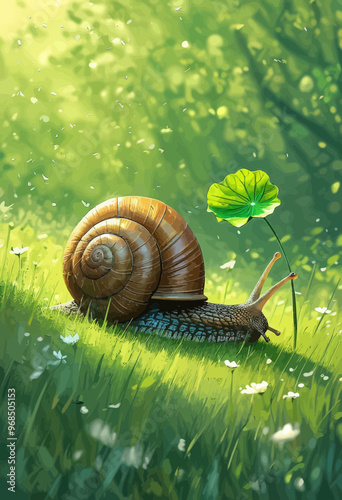 Whimsical Garden Scene with Snail and Flower