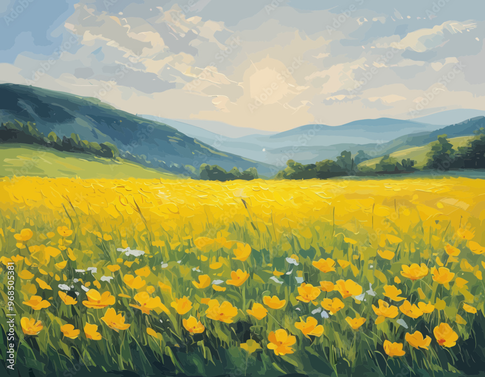 Obraz premium Yellow Flower Field with Mountain View