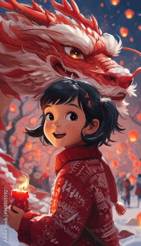 Young girl with dragon, joyful and curious, magical night, red and orange lights, snowy village, fantasy, adventure, holiday spirit