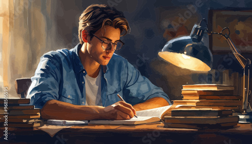 Young Man Studying at Desk with Lamp and Books