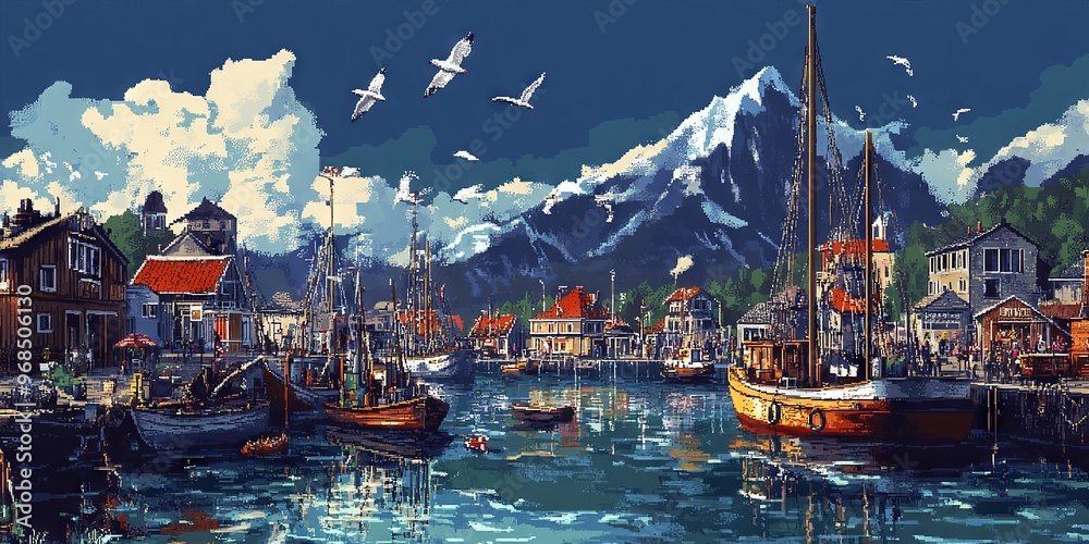 Fototapeta premium Picturesque Harbor with Boats SnowCapped Mountains and Vibrant Sky at Daytime