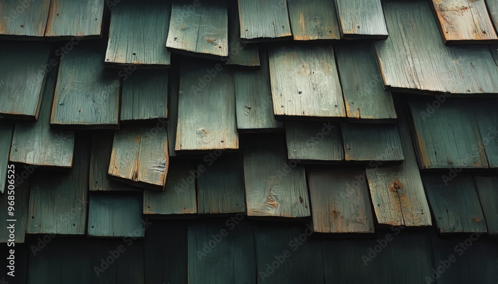 Detailed view of weathered wooden shingles on a rustic roof, showcasing texture and varying shades of green and brown. Detailed view of weathered wooden shingles on a rustic roof, showcasing texture and varying shades of green and brown.