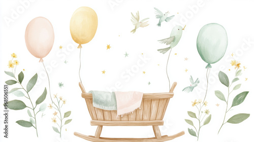 Fototapeta Naklejka Na Ścianę i Meble -  Baby Cradle Watercolor.