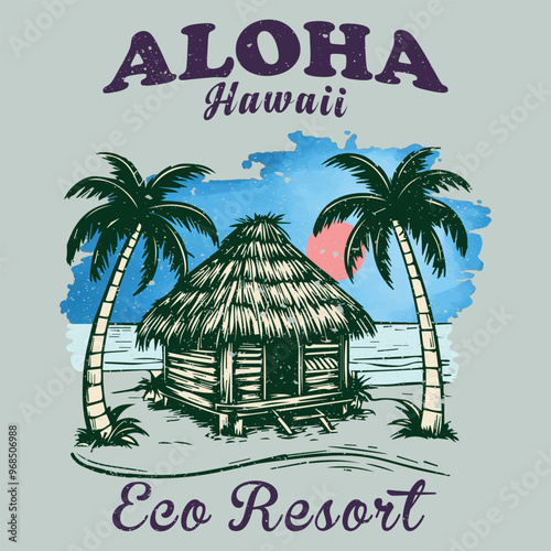 Aloha Hawaii eco resort vintage t-shirt print design for vector graphic, slogan print the lazy days of summer, summer beach artwork one color screen print design, surfing beach resort with nature art
