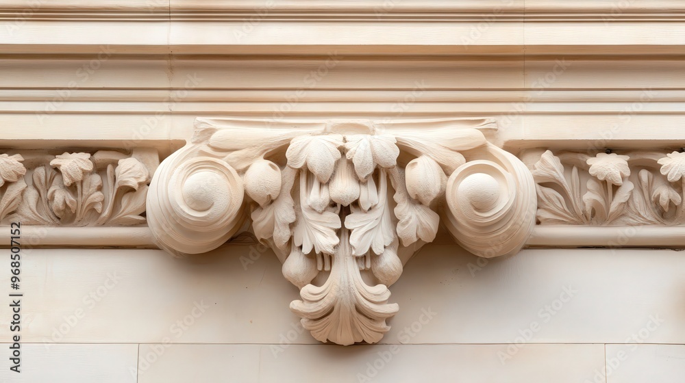 Naklejka premium Intricate architectural detail featuring ornate carvings and classical design elements in soft stone texture.