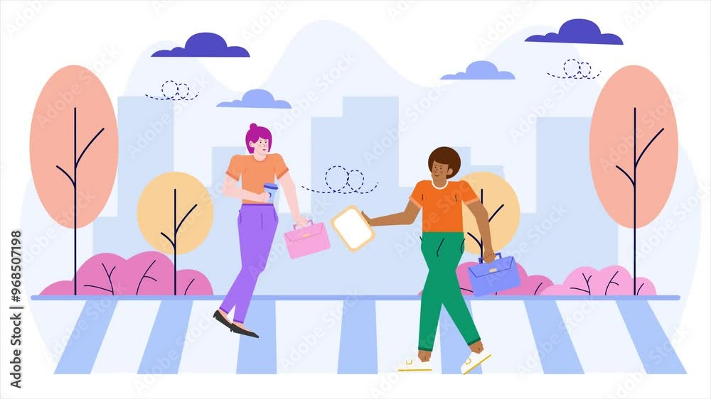 two businesspeople on a city street using digital devices and engaging while commuting illustration business animated video two businesspeople on a city street using digital devices and engaging while commuting illustration business animated video