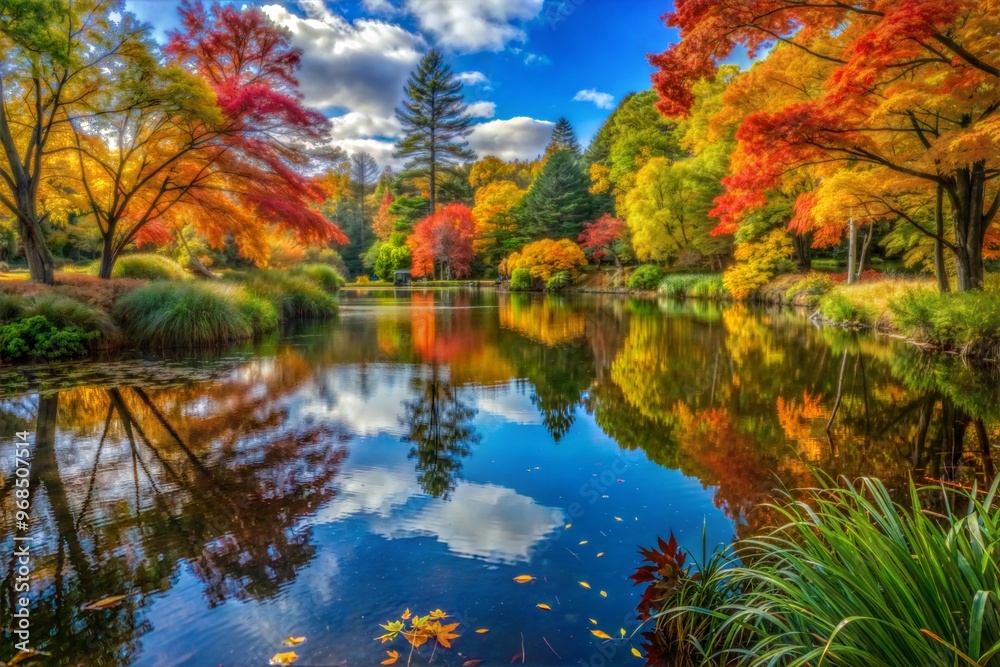 Obraz premium Calm lake reflecting bright autumn leaves