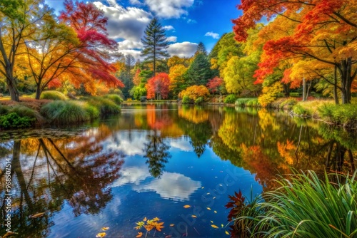 Calm lake reflecting bright autumn leaves