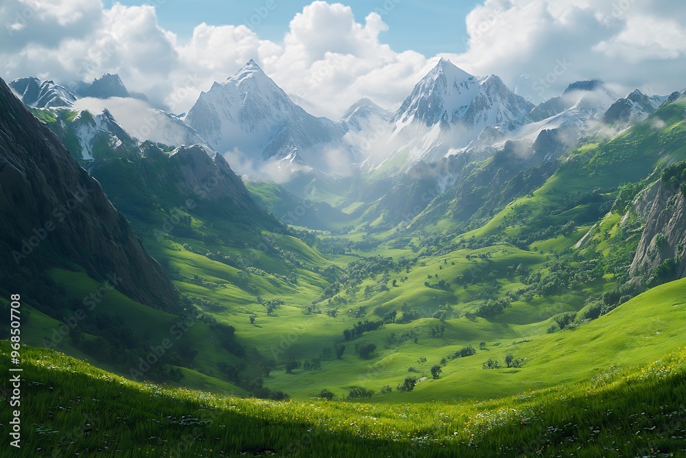 Fototapeta premium Mountain landscape with church on the hill. Morning in a mountain valley.