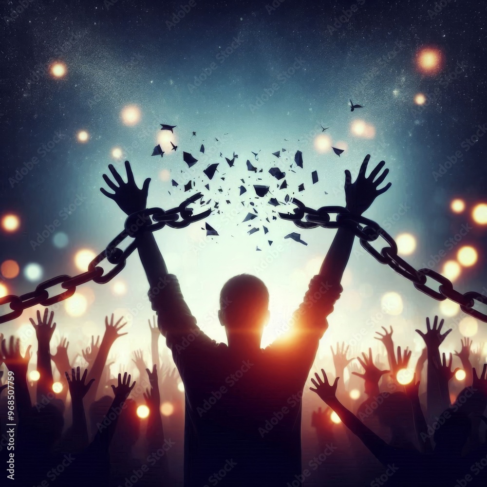 Silhouette of hands raising broken chains against a blurred night background, symbolizing freedom Silhouette of hands raising broken chains against a blurred night background, symbolizing freedom