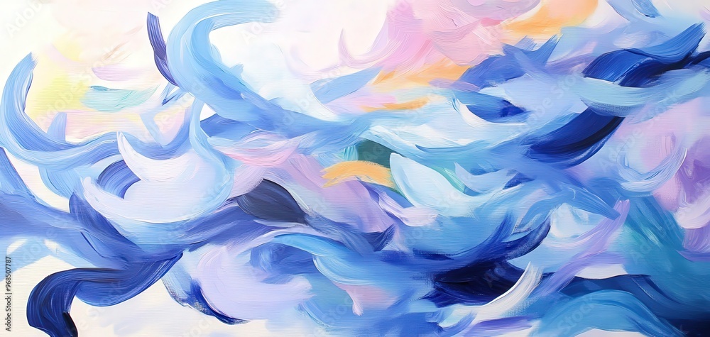 Fototapeta premium Vibrant abstract painting featuring flowing waves of blue and pastel colors, creating a soothing and dynamic visual experience.