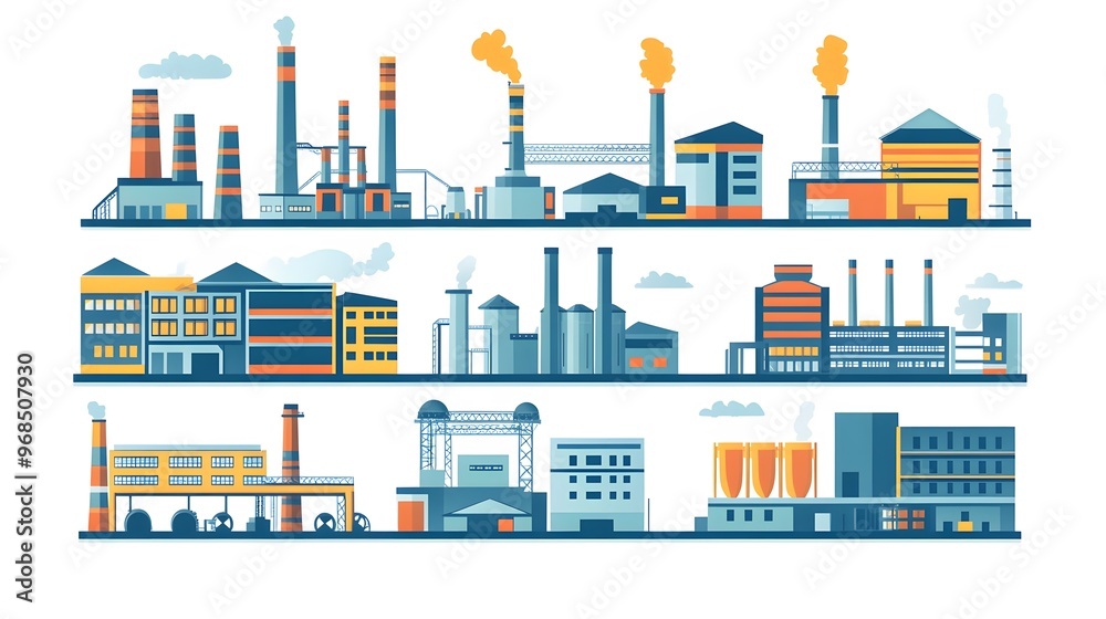 Obraz premium An illustration of a variety of industrial buildings with smoke stacks