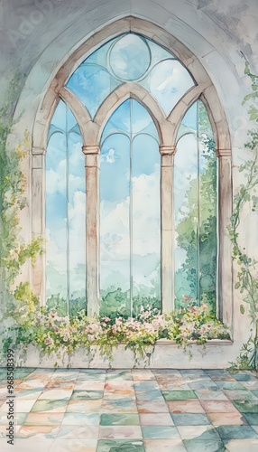 A beautiful watercolor illustration of a gothic window with flowers and greenery, capturing a serene and tranquil ambiance.