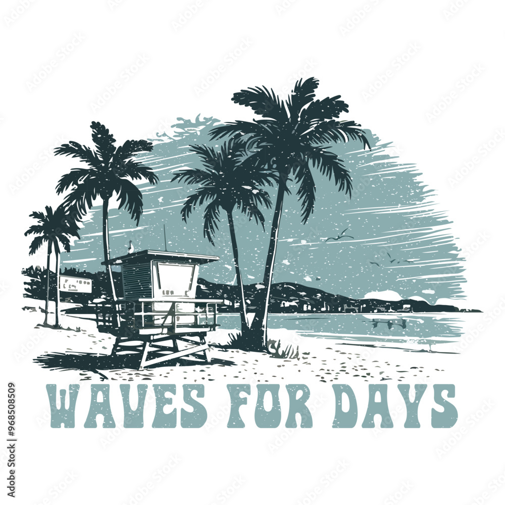 wave for the day t shirt, Another day in paradise. Tropical beach with palm-trees, Eco resort print design, Tropical summer beach vector graphics. Sunny day at the beach. Ocean wave.