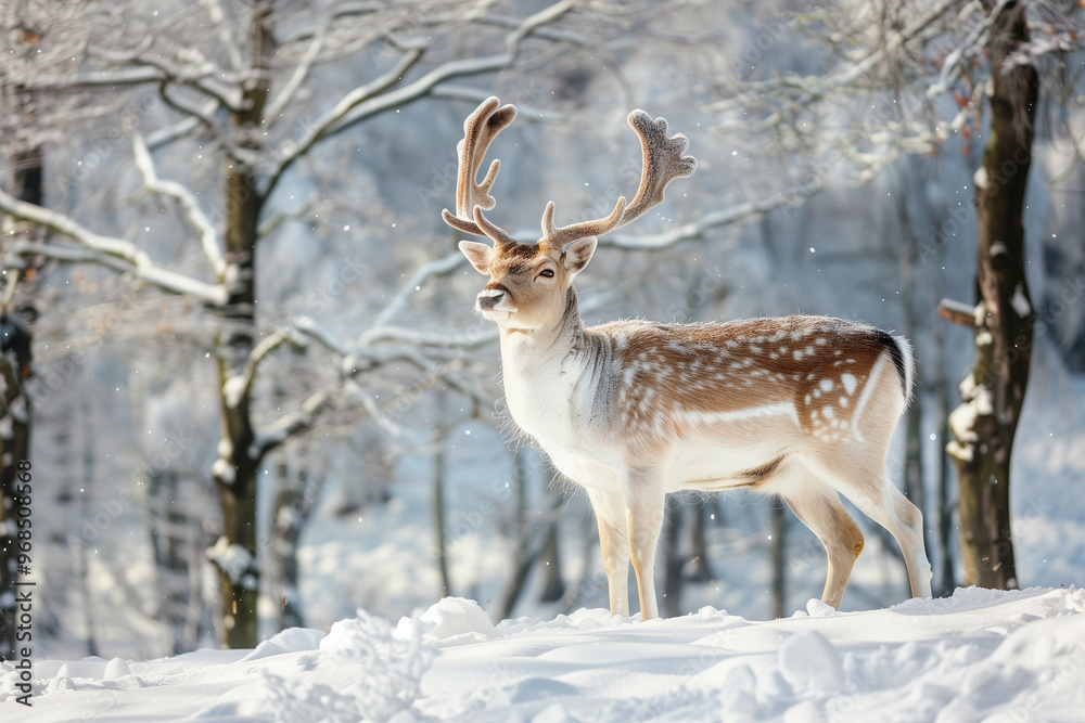 Majestic deer standing in a snow-covered forest, beautifully highlighted by the soft sunlight filtering through bare trees, creating a serene and picturesque winter landscape Majestic deer standing in a snow-covered forest, beautifully highlighted by the soft sunlight filtering through bare trees, creating a serene and picturesque winter landscape