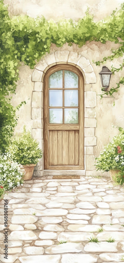 A charming wooden door framed by lush greenery, flowers, and a stone path, exuding a warm and inviting atmosphere. A charming wooden door framed by lush greenery, flowers, and a stone path, exuding a warm and inviting atmosphere.