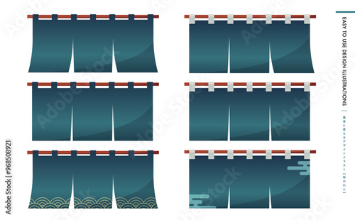 お正月・年賀や夏の飲食販促などに使える日本の青い和柄暖簾素材_和風のれんベクターイラストの和素材