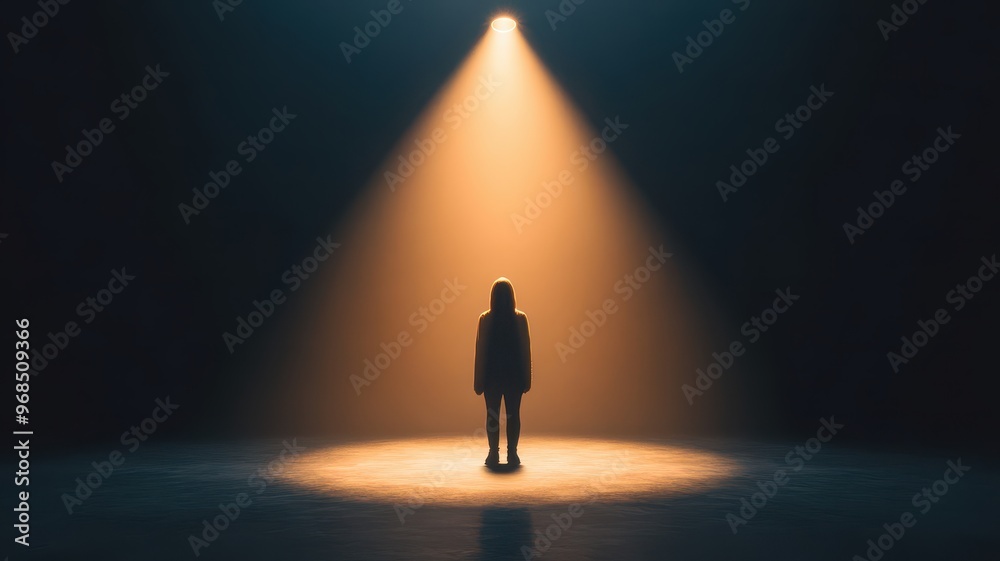 A solitary figure stands in a spotlight, embodying themes of isolation and introspection in a dramatic setting. A solitary figure stands in a spotlight, embodying themes of isolation and introspection in a dramatic setting.