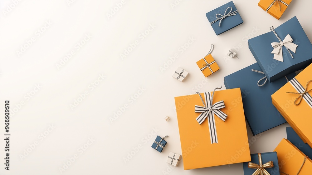 Gift Box Overflow: A festive arrangement of blue and orange gift boxes with delicate bows and ribbons, arranged in a corner against a white background, leaving space for text Gift Box Overflow: A festive arrangement of blue and orange gift boxes with delicate bows and ribbons, arranged in a corner against a white background, leaving space for text