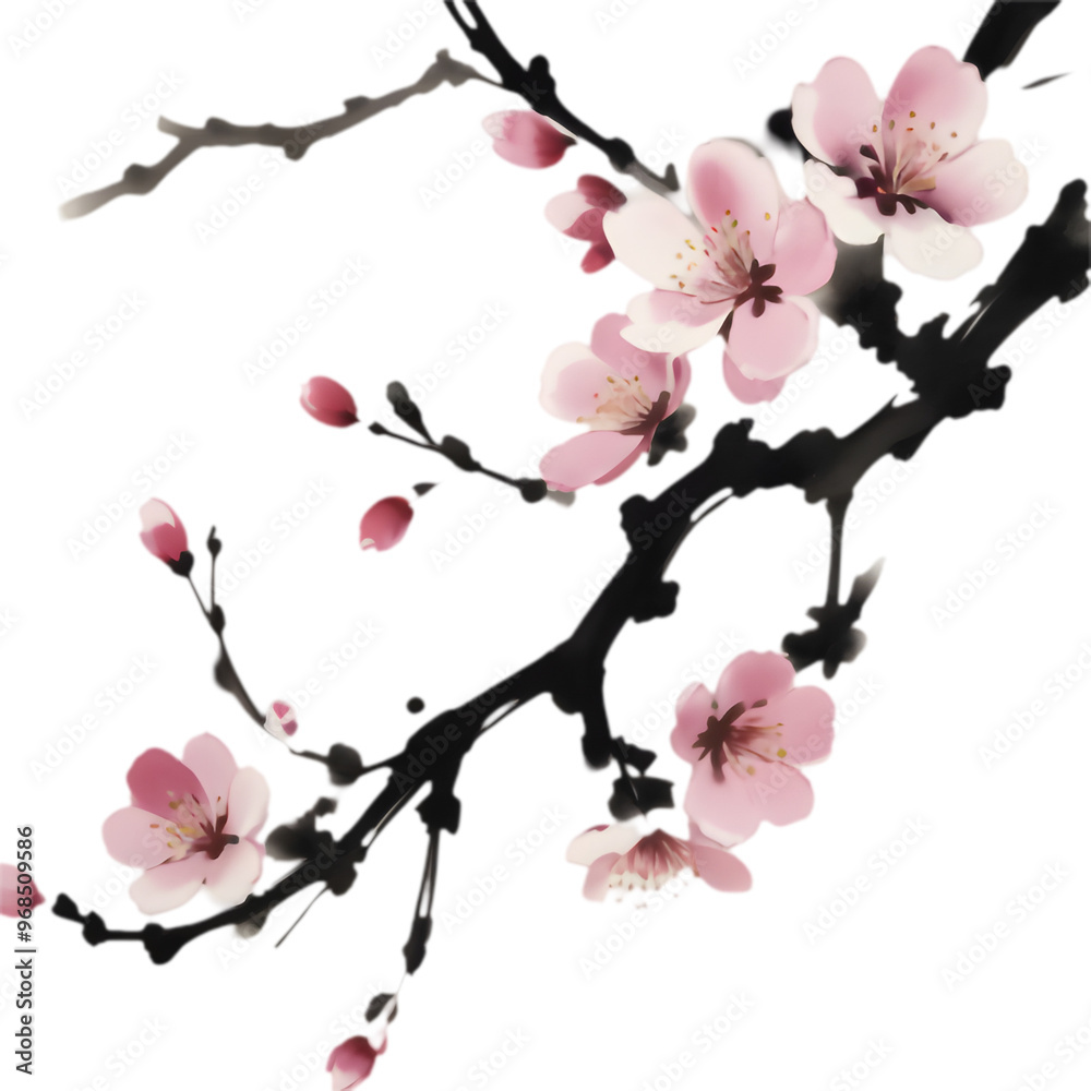 Naklejka premium Delicate Cherry Blossom Brush Stroke Silhouette. 