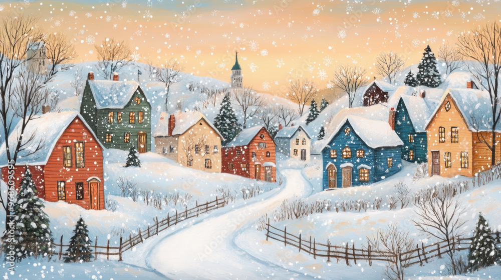 Fototapeta premium Snowy Village Sunset.
