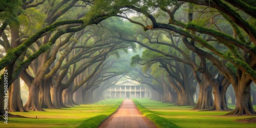 A captivating photograph of Greenwood Plantation s beautiful Oak Alley during a serene misty morning creates a stunning visual using forced perspective, captivating, grandeur, plantation photo