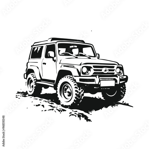 off road adventure car stencil vector hand drawn illustration