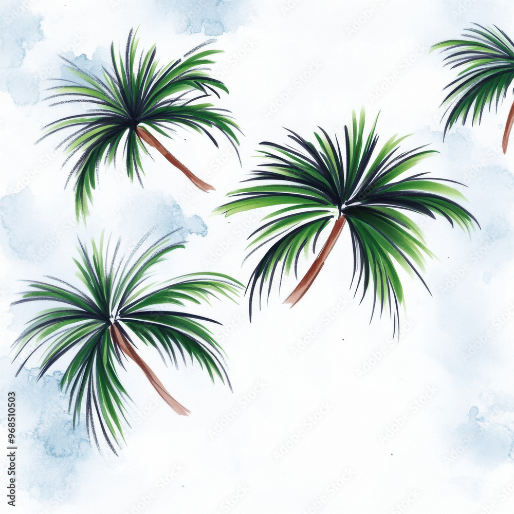 Lush green palm trees with vibrant fronds are beautifully illustrated against soft, watercolor background. This serene composition evokes tropical paradise feeling Lush green palm trees with vibrant fronds are beautifully illustrated against soft, watercolor background. This serene composition evokes tropical paradise feeling