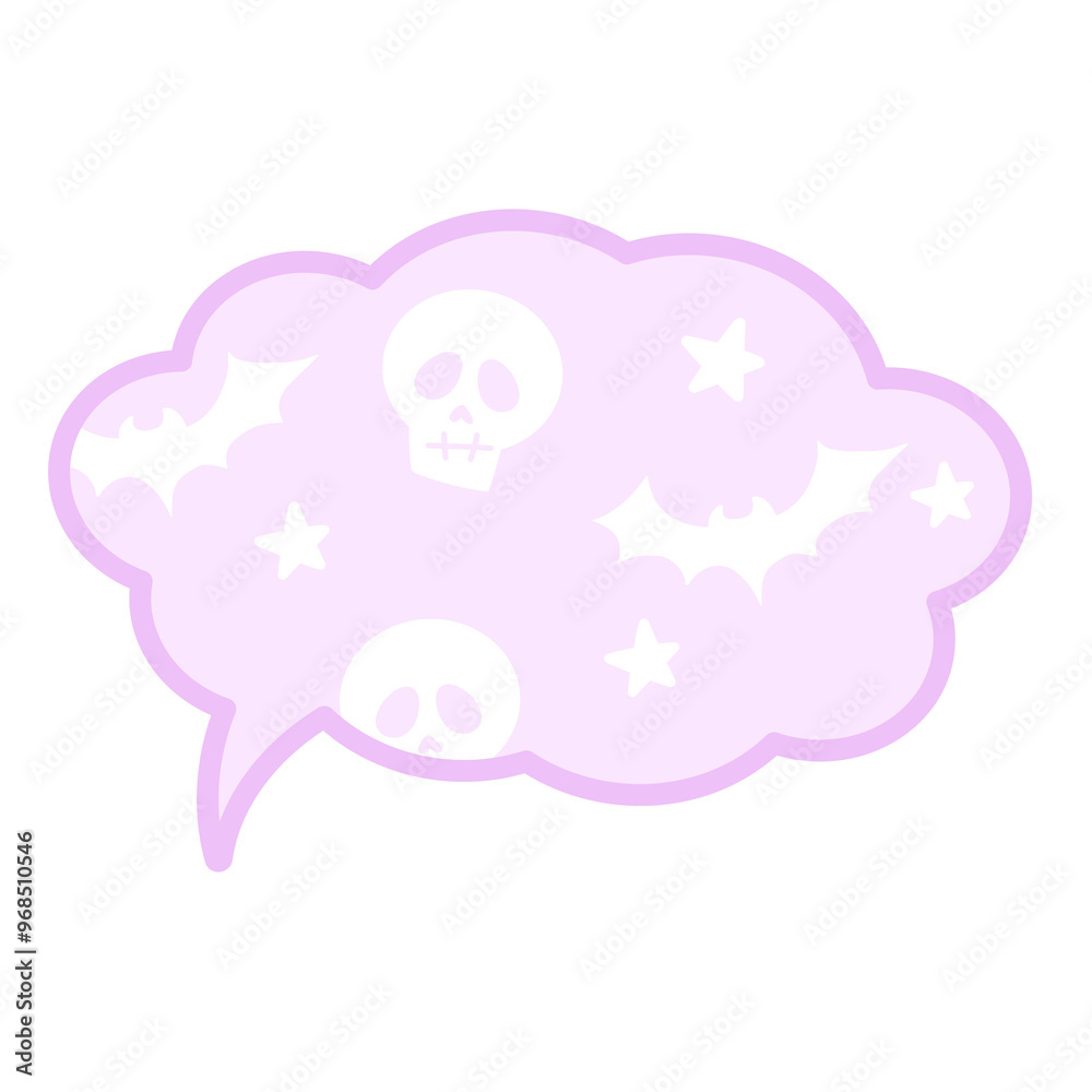Illustration of Halloween text bubble with head skull, stars, bat on purple background for decoration, text, message, speech, chatting, dialogue, cartoon, comic, masking tape, sticker, print, campaign Illustration of Halloween text bubble with head skull, stars, bat on purple background for decoration, text, message, speech, chatting, dialogue, cartoon, comic, masking tape, sticker, print, campaign